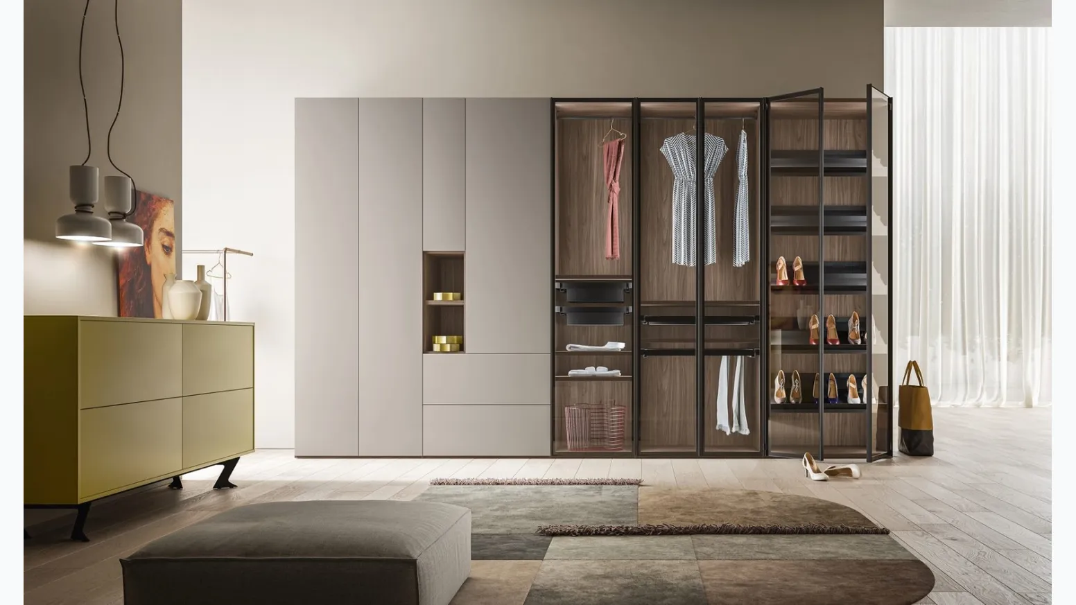 Armadio Battente Glix ZN01 finitura Noce, Nuvola e Vetro di Marka Total Living