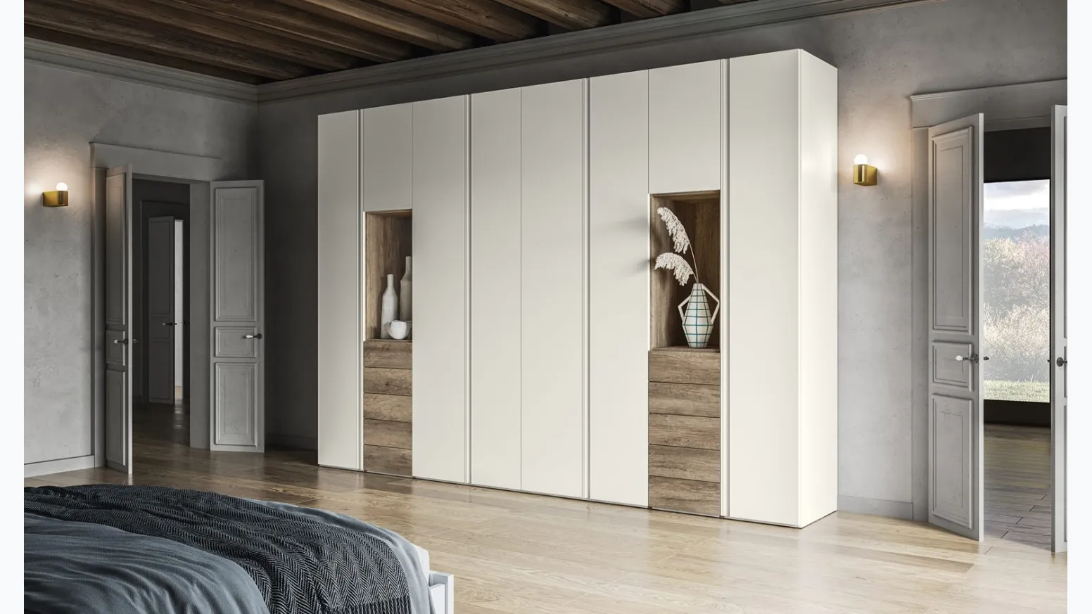 Armadio Battente Gola ZN09 finitura Perla e Rockwood Cannella di Marka Total Living