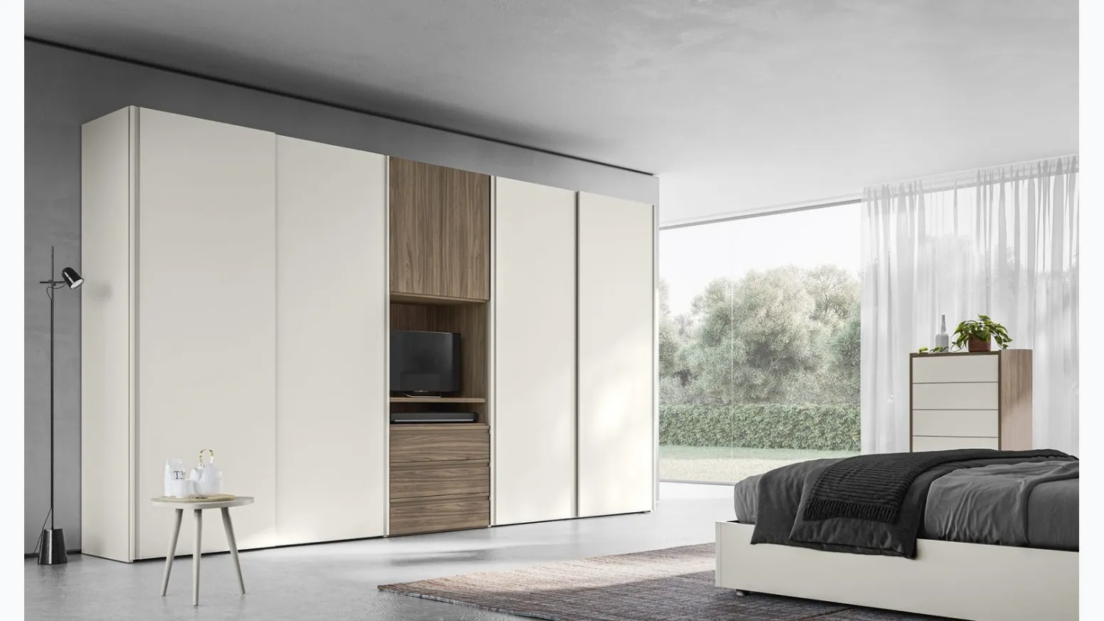 Armadio Scorrevole Happy ZN18 con vano porta TV finitura Perla e Noce di Marka Total Living