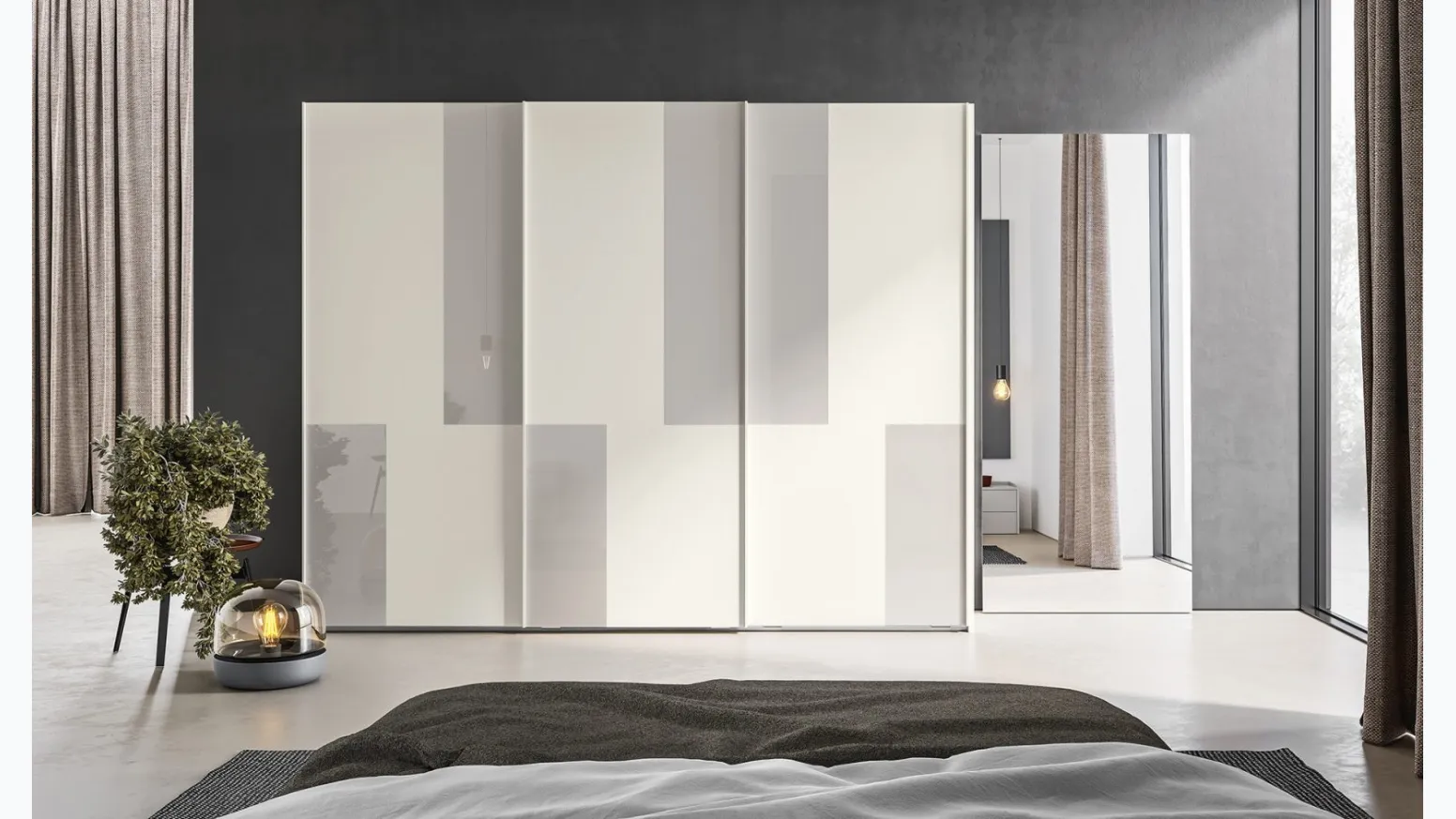 Armadio Scorrevole Logic ZN20 finitura Perla con inserti in retrolaccato metacrilato Nuvola di Marka Total Living