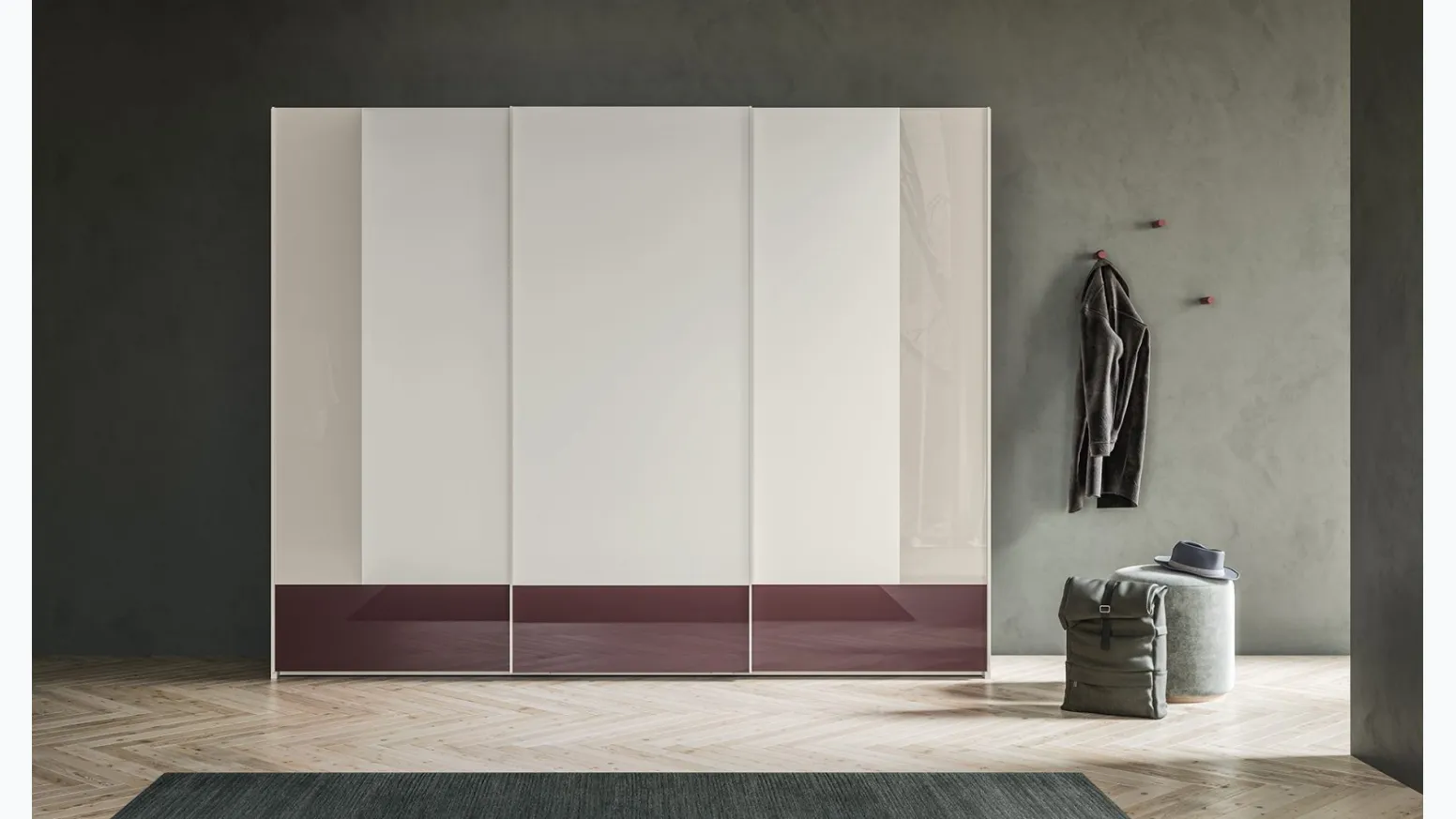 Armadio Scorrevole Logic ZN21 finitura Perla con fasce retrolaccate in metacrilato Nuvola e Tropea di Marka Total Living