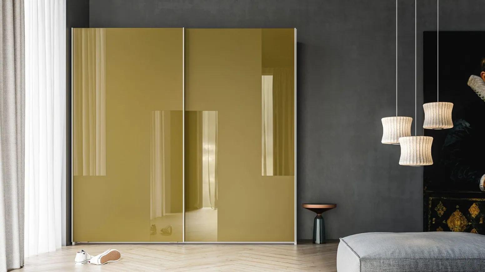 Armadio Scorrevole Logic ZN23 laccato opaco Verde Senape con fasce retrolaccate in metacrilato Verde Senape di Marka Total Living