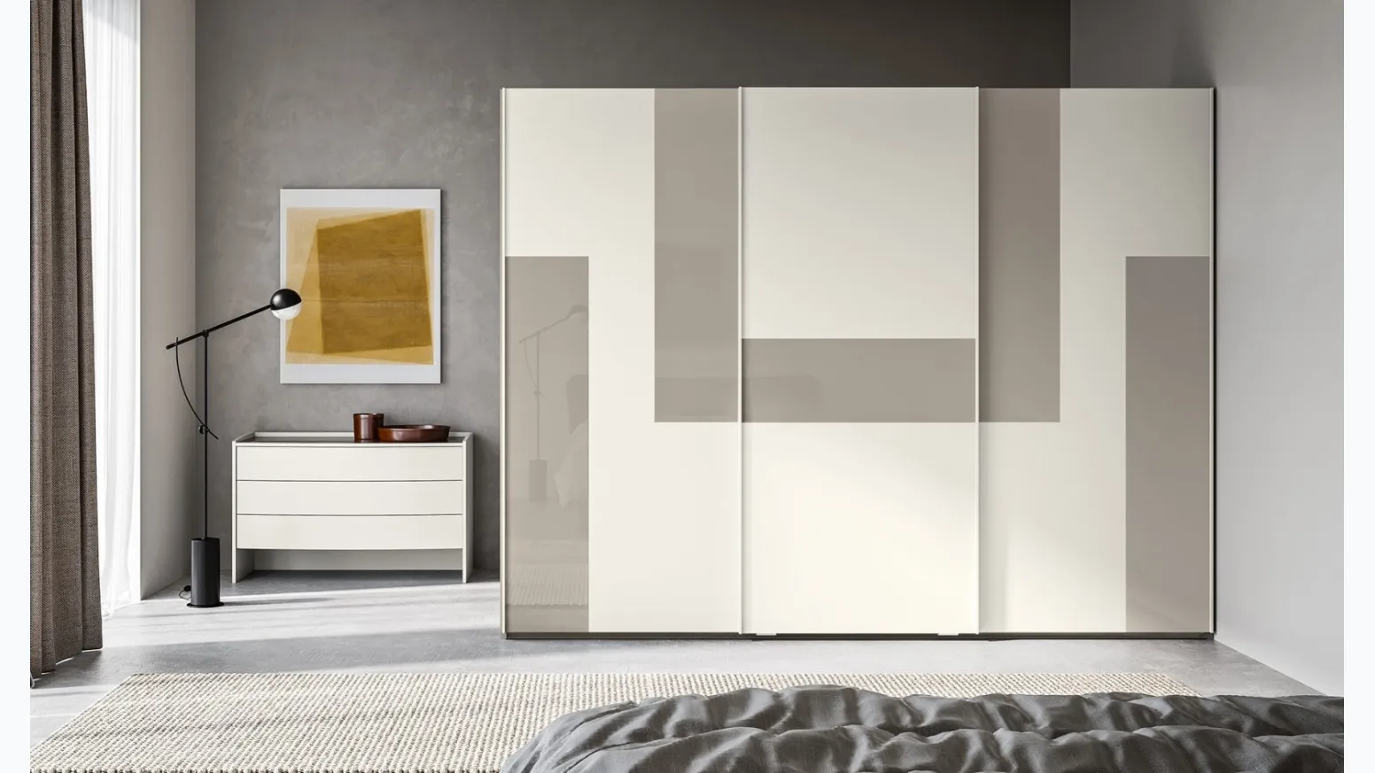 Armadio Scorrevole Logic ZN24 finitura Perla con fasce retrolaccate in metacrilato Nuvola di Marka Total Living