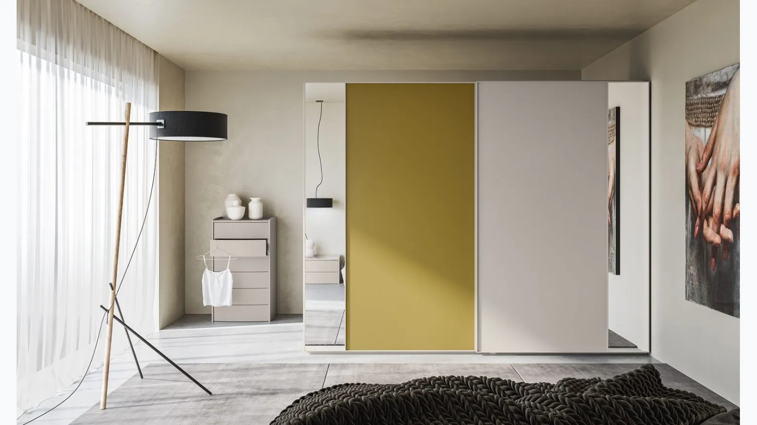Armadio Scorrevole Elite ZN25 in laccato Verde Senape, finitura Nuvola e Specchio argentato di Marka Total Living