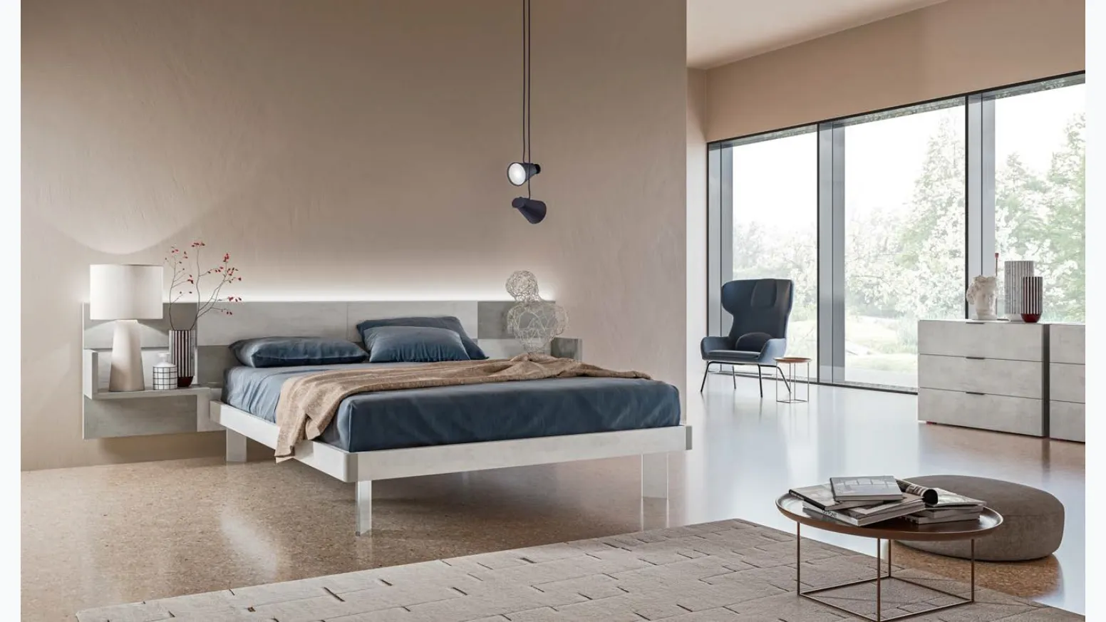 Letto con testiera Puzzle GL01 finitura Calce Bianca e Grigia con piedi in plexiglass di Marka Total Living