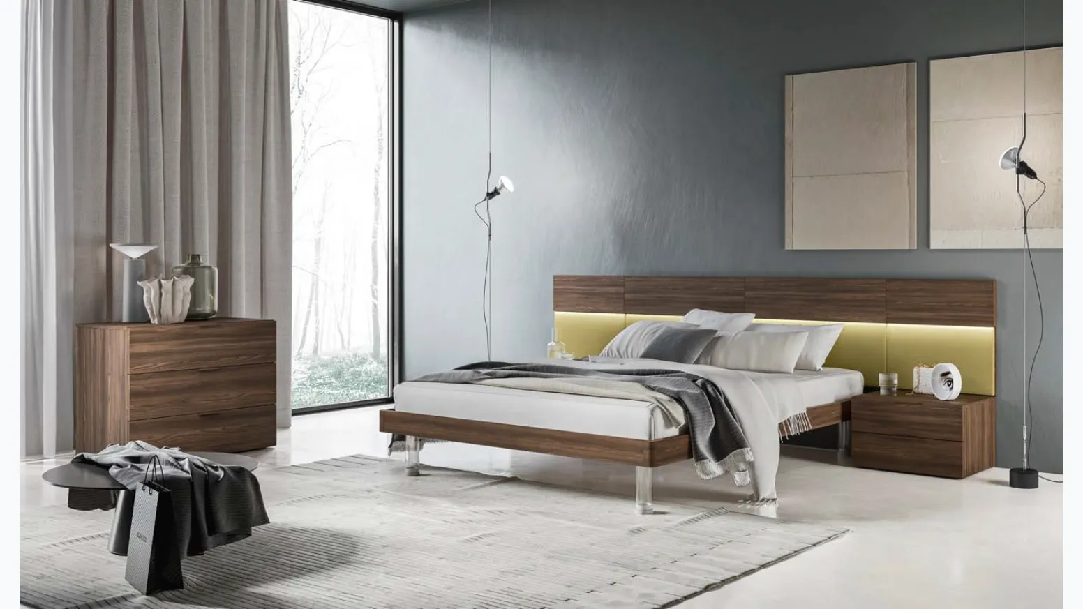 Letto finitura Forestal Dark con piedi in plexiglass e testiera rivestita in tessuto Puzzle GL05 di Marka Total Living