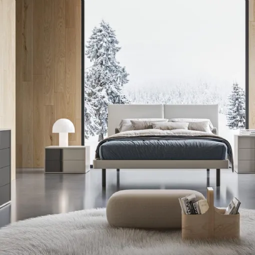 Letto matrimoniale con testiera in tessuto e giroletto in legno finitura Nuvola Vienna GL16 di Marka Total Living
