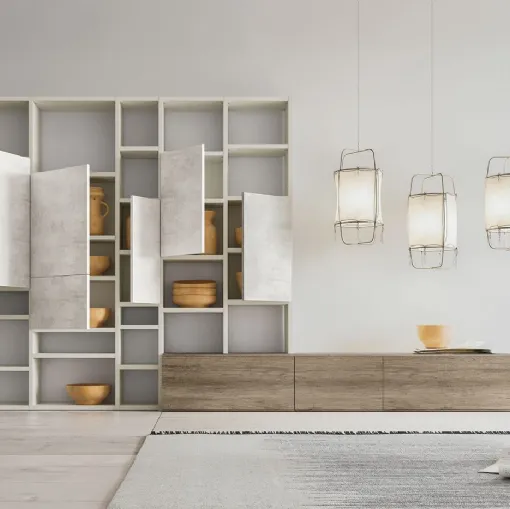 Libreria a muro Composizione Day M14 in finitura Perla, Calce Bianca e Rockwood Cannella di Marka Total Living