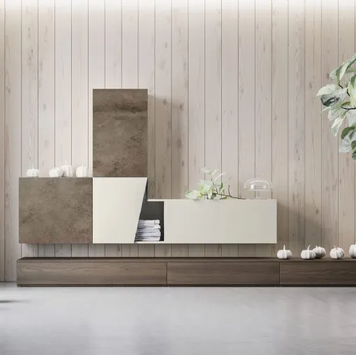 Parete Attrezzata Composizione Day M18 finitura Forestal Dark, sintetico Pietra e Perla di Marka Total Living