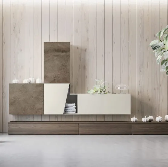 Parete Attrezzata Composizione Day M18 finitura Forestal Dark, sintetico Pietra e Perla di Marka Total Living