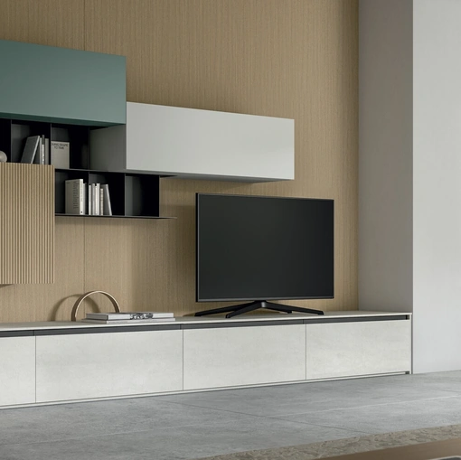 Parete Attrezzata Living Glass in laminam Pietra di Savoia e impiallacciato di Arredo3