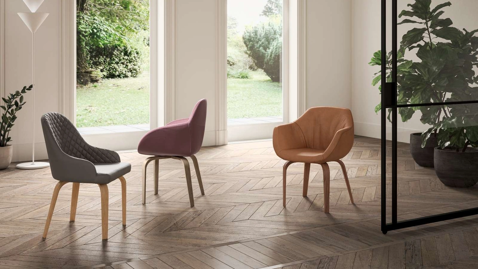 Sedia Atena in pelle con gambe in legno di Ozzio