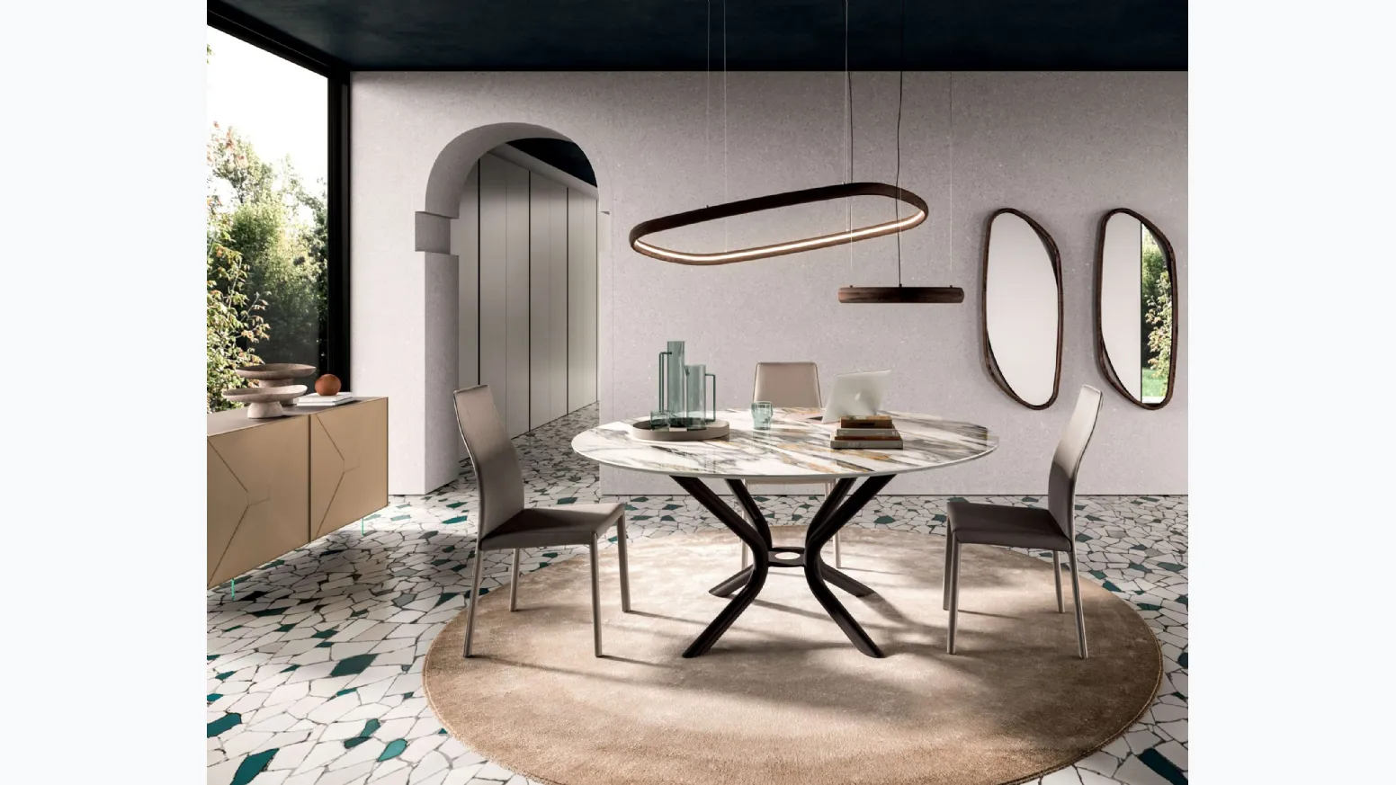 Tavolo rotondo Cirkle Fisso in ceramica con base in metallo di Ozzio