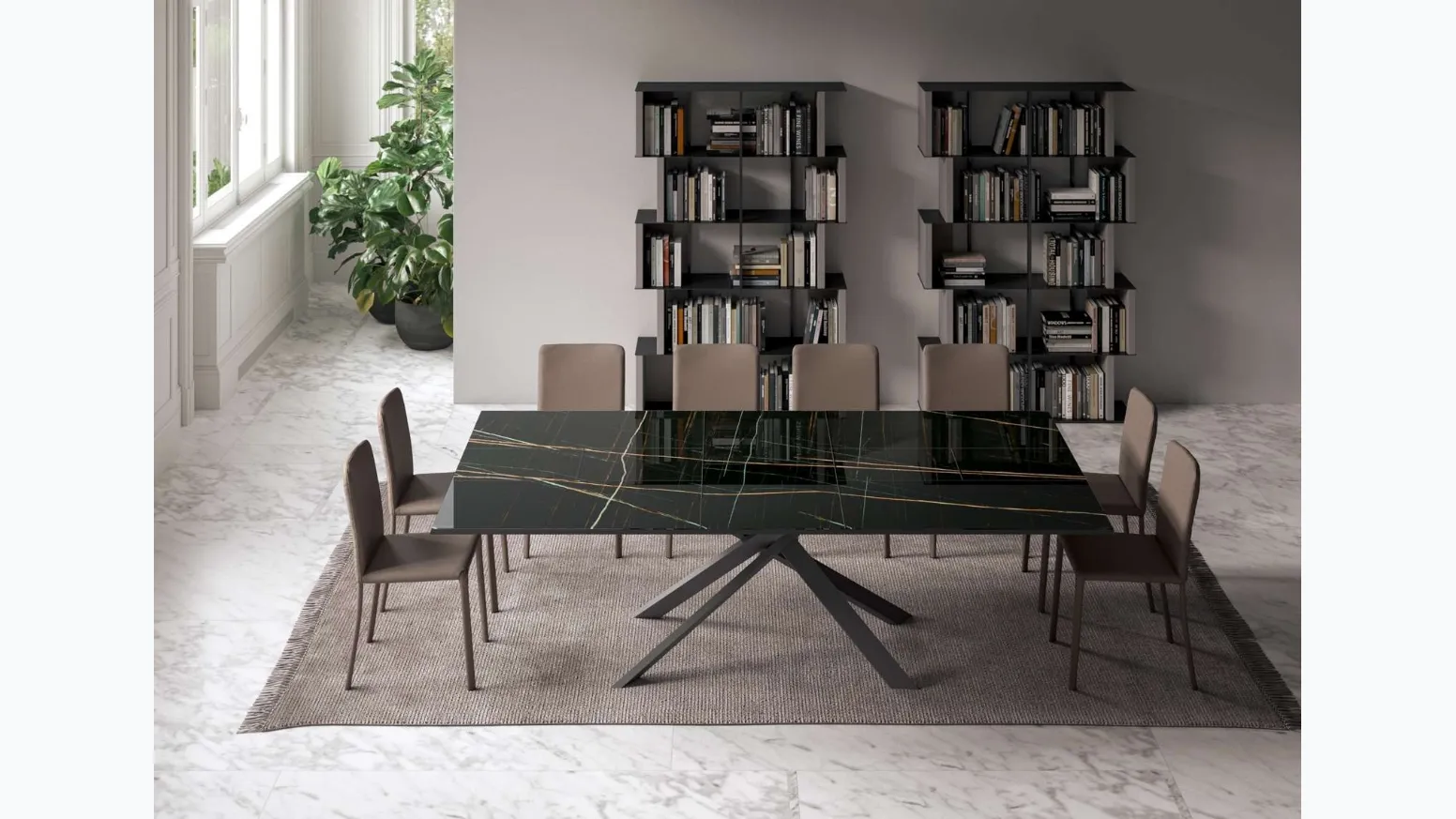 Tavolo allungabile e allargabile 4x4 in Marble Glass Sahara Noir Lucido e base in metallo di Ozzio