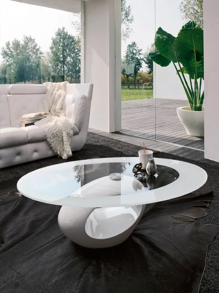 Tavolino di design con top in vetro e base in agglomerato di marmo bianco Dubai di Tonin Casa