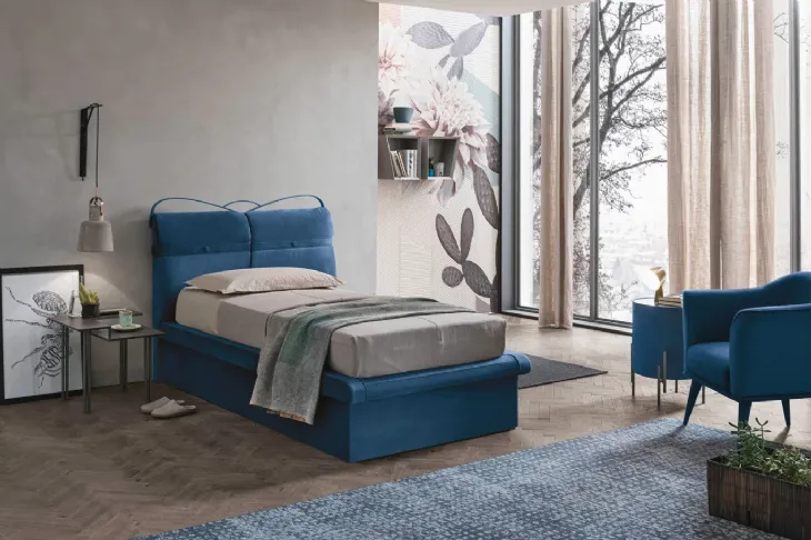 Letto singolo con testiera in tessuto imbottito e contenitore Corfù Plus di Target Point