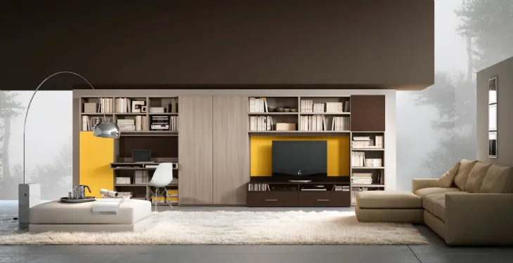 Libreria Living 73D che include una scrivania e un mobile per il televisore di Ferrimobili