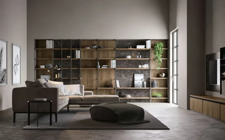 Libreria Living Kronos in metallo e laminato effetto legno e effetto marmo di Arredo3