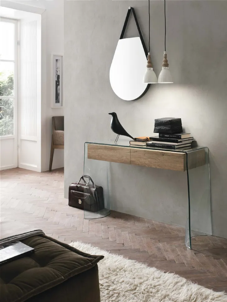 Mobile ingresso consolle Escape in vetro con cassetti in laminato effetto legno di Target Point
