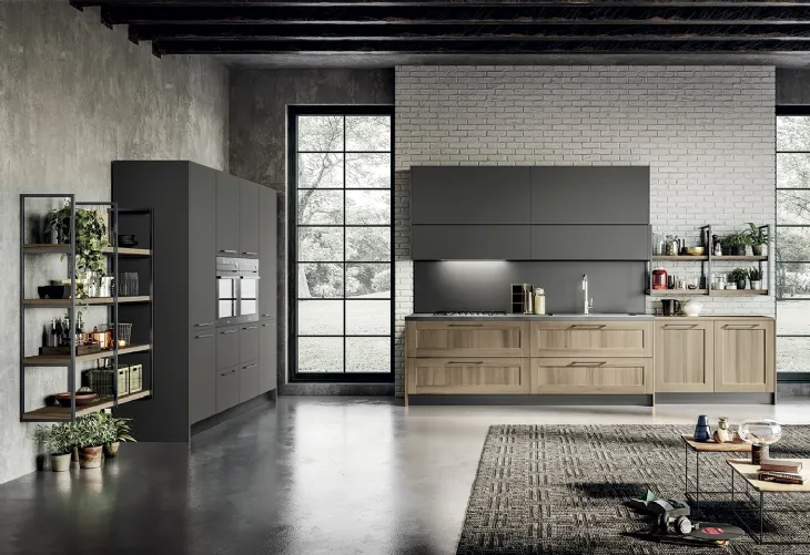 Cucina Moderna lineare in laminato effetto legno e laccato opaco grigio Cloe di Arredo3