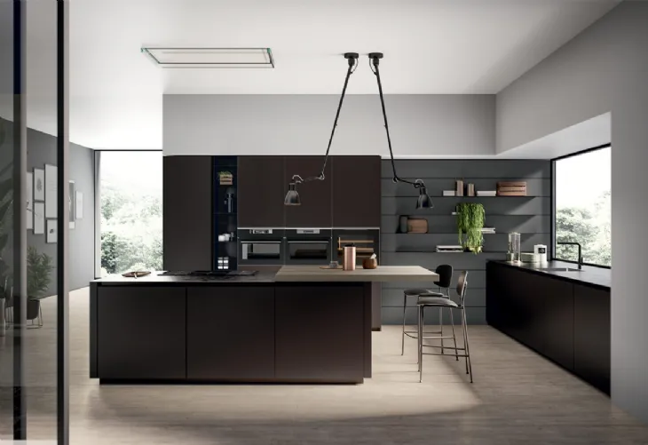 Cucina Moderna con isola in vetro opaco Caffè e penisola in impiallacciato Rovere safari Glass 2 0 di Arredo3